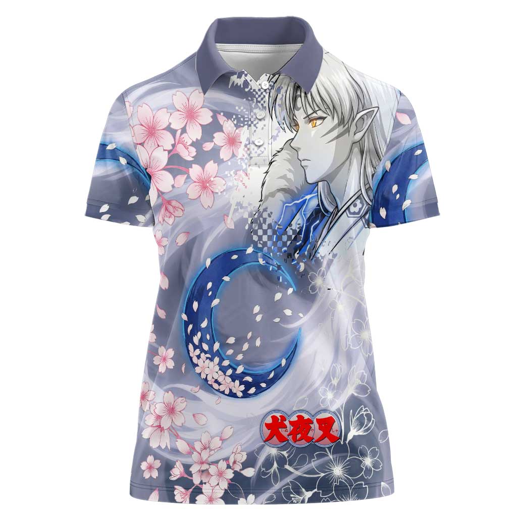 Sesshomaru Inuyasha Series Women Polo Shirt Elegant Sakura Storm Style with Crescent Moon Motif