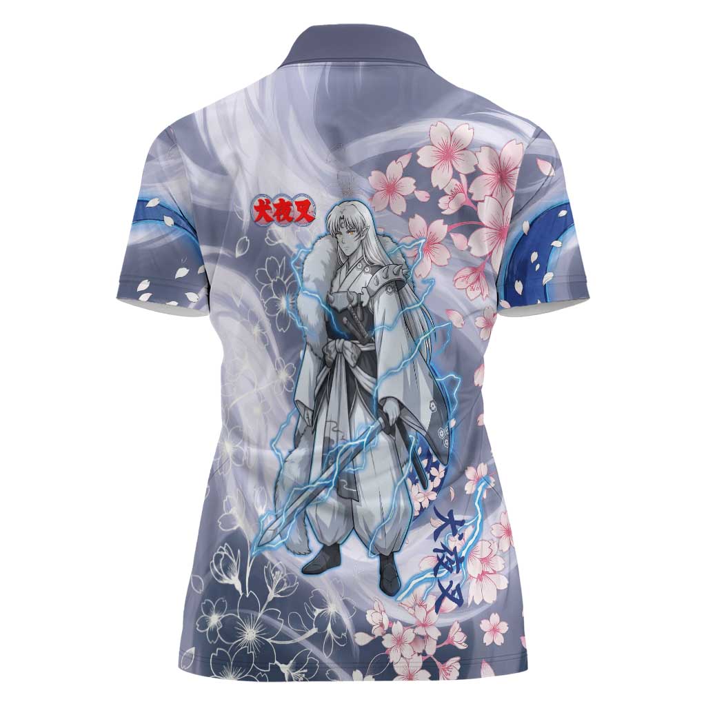 Sesshomaru Inuyasha Series Women Polo Shirt Elegant Sakura Storm Style with Crescent Moon Motif