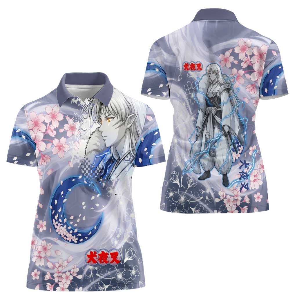 Sesshomaru Inuyasha Series Women Polo Shirt Elegant Sakura Storm Style with Crescent Moon Motif