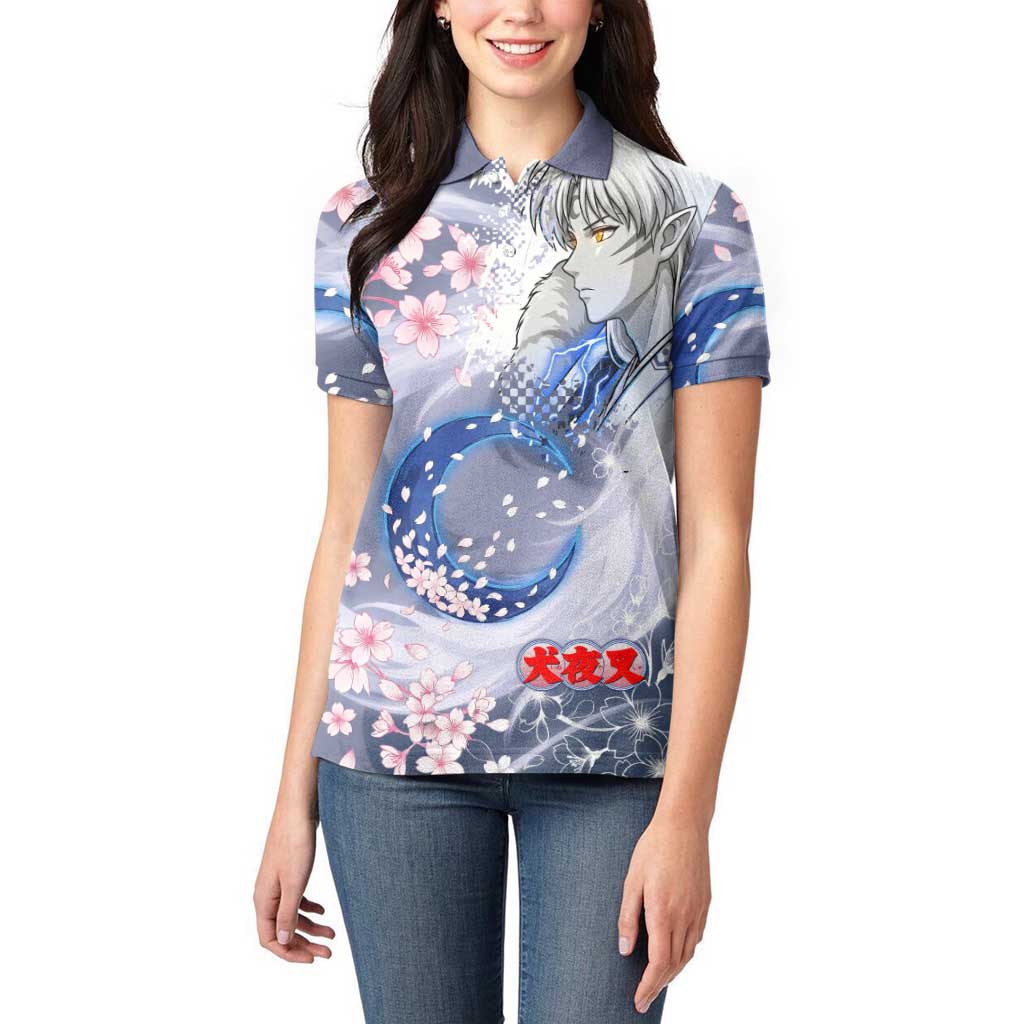 Sesshomaru Inuyasha Series Women Polo Shirt Elegant Sakura Storm Style with Crescent Moon Motif