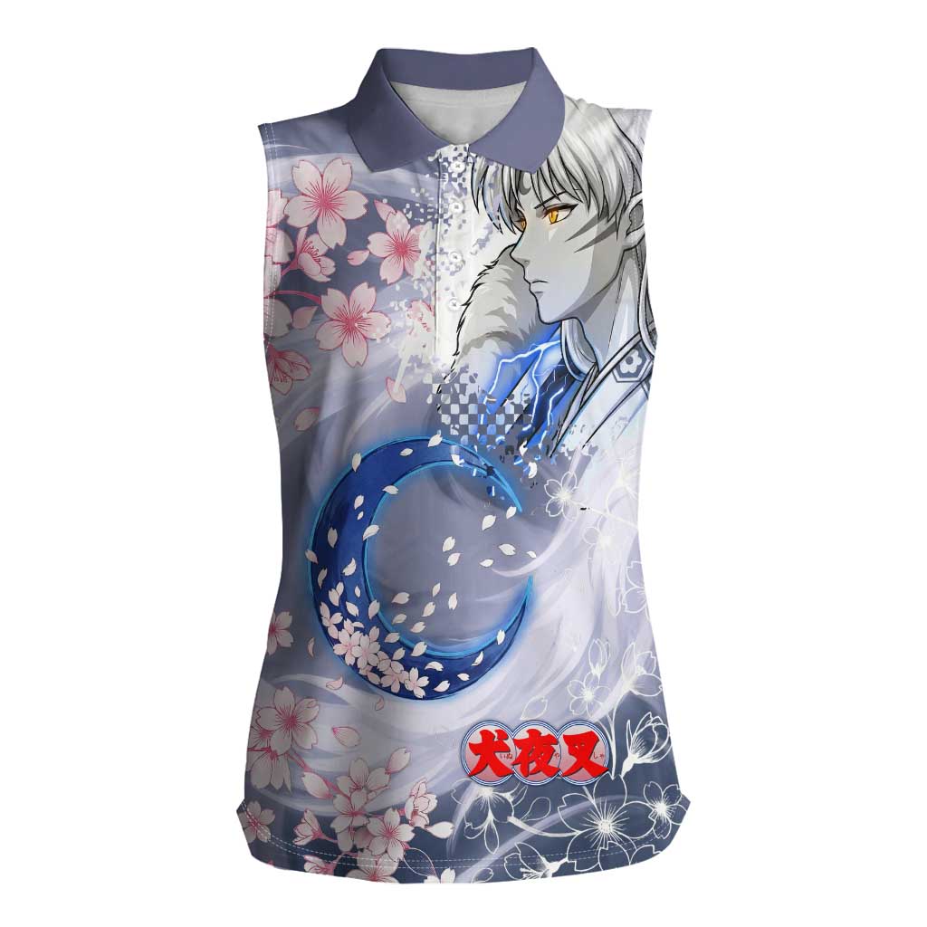 Sesshomaru Inuyasha Series Women Sleeveless Polo Shirt Elegant Sakura Storm Style with Crescent Moon Motif