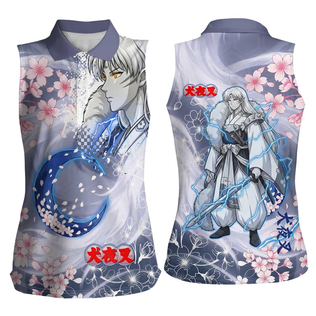 Sesshomaru Inuyasha Series Women Sleeveless Polo Shirt Elegant Sakura Storm Style with Crescent Moon Motif