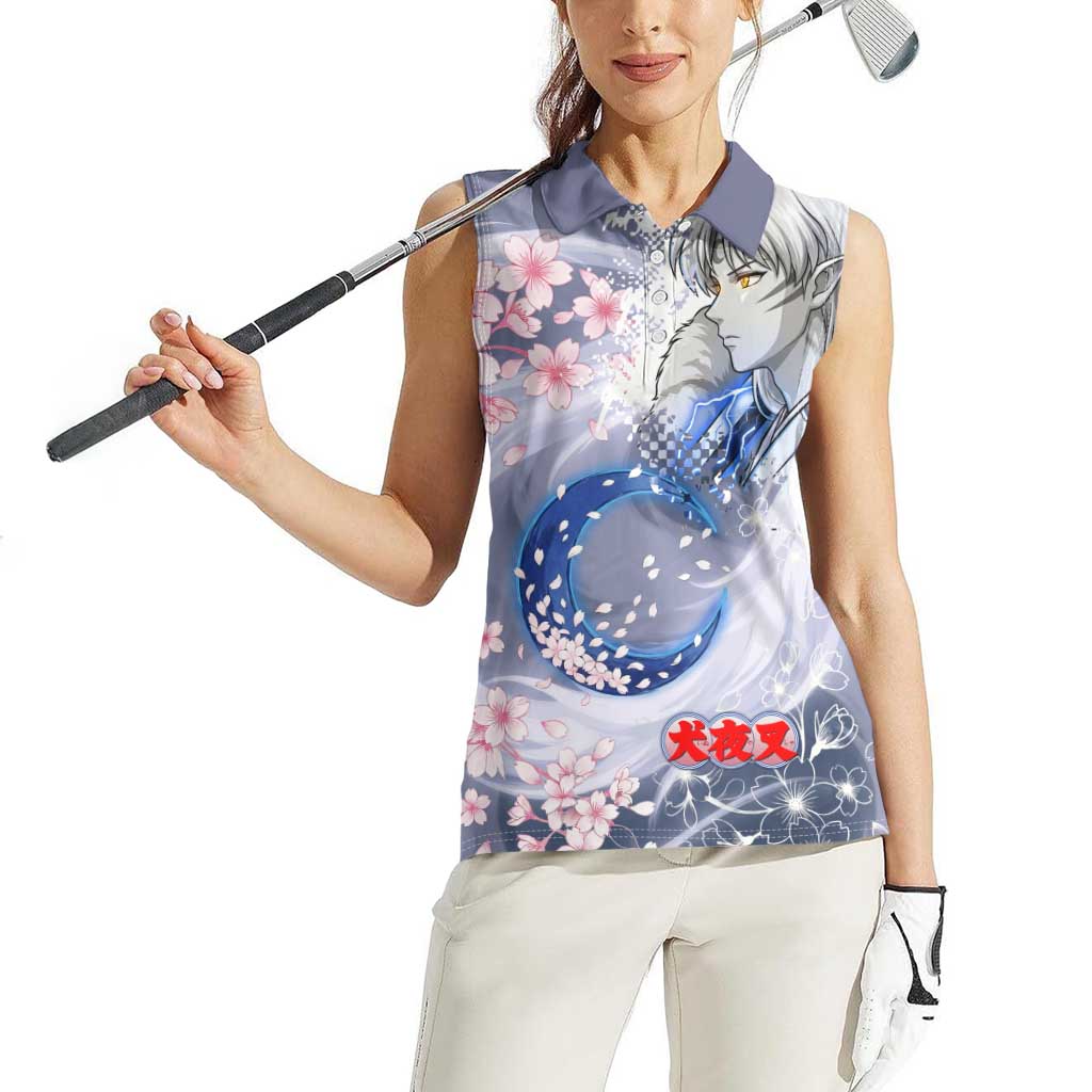 Sesshomaru Inuyasha Series Women Sleeveless Polo Shirt Elegant Sakura Storm Style with Crescent Moon Motif
