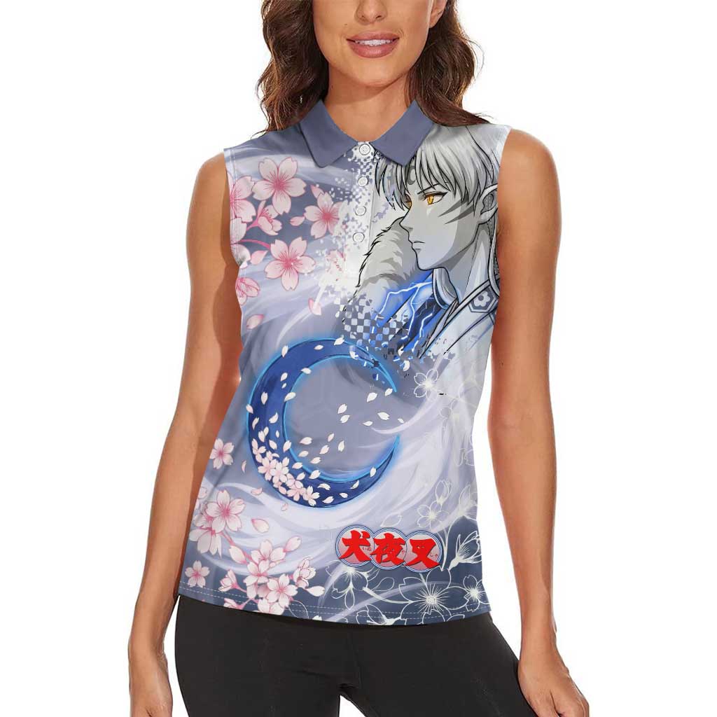 Sesshomaru Inuyasha Series Women Sleeveless Polo Shirt Elegant Sakura Storm Style with Crescent Moon Motif