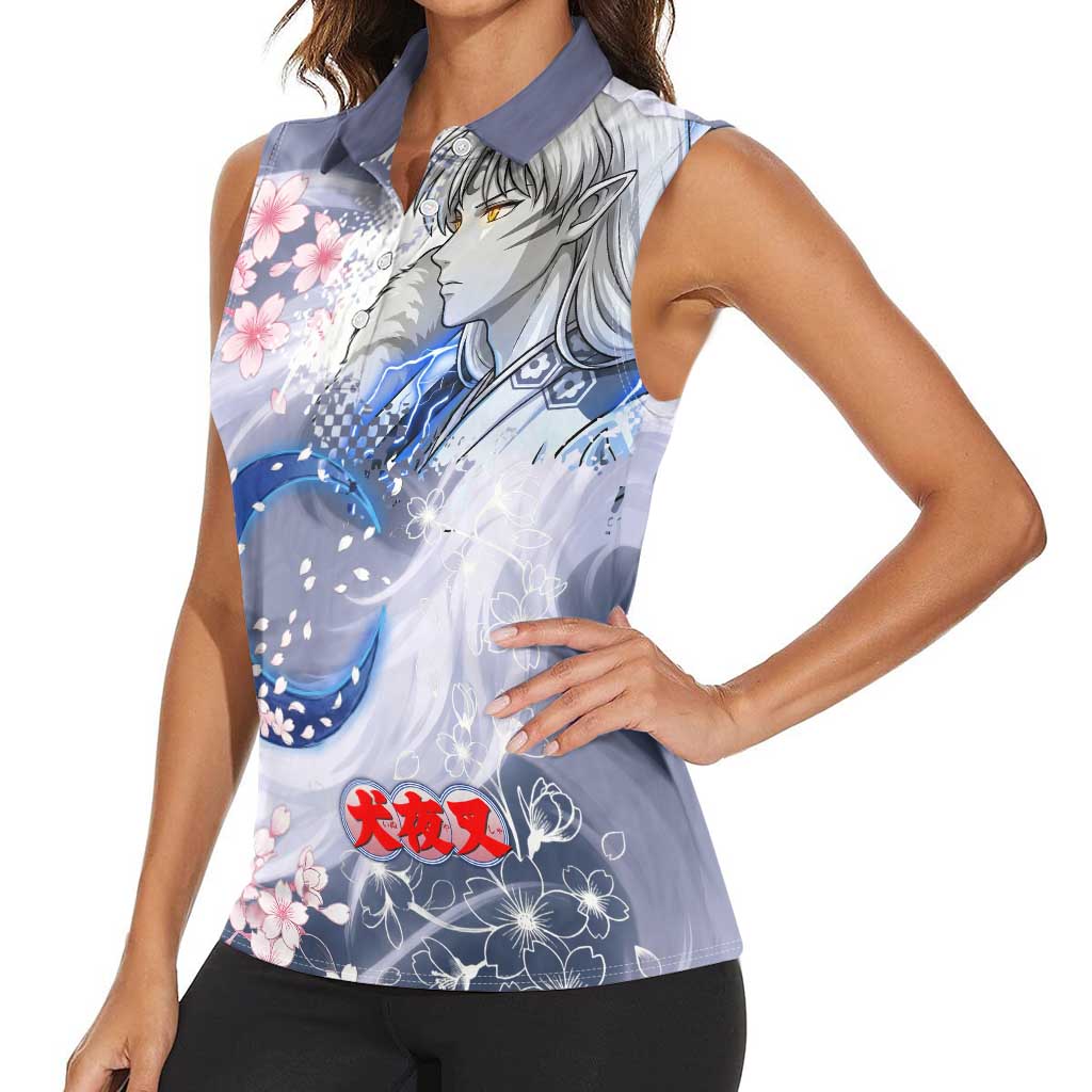 Sesshomaru Inuyasha Series Women Sleeveless Polo Shirt Elegant Sakura Storm Style with Crescent Moon Motif