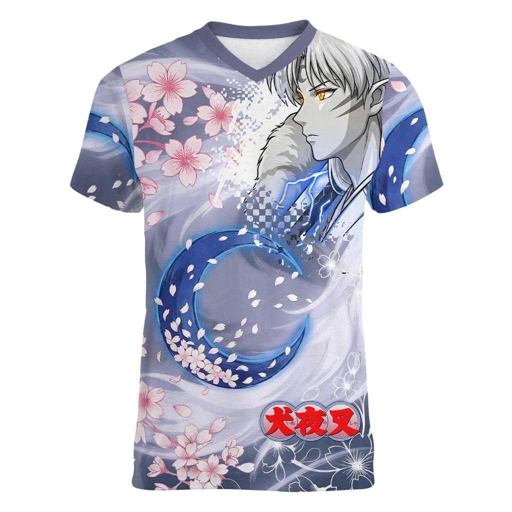Sesshomaru Inuyasha Series Women V-Neck T-Shirt Elegant Sakura Storm Style with Crescent Moon Motif