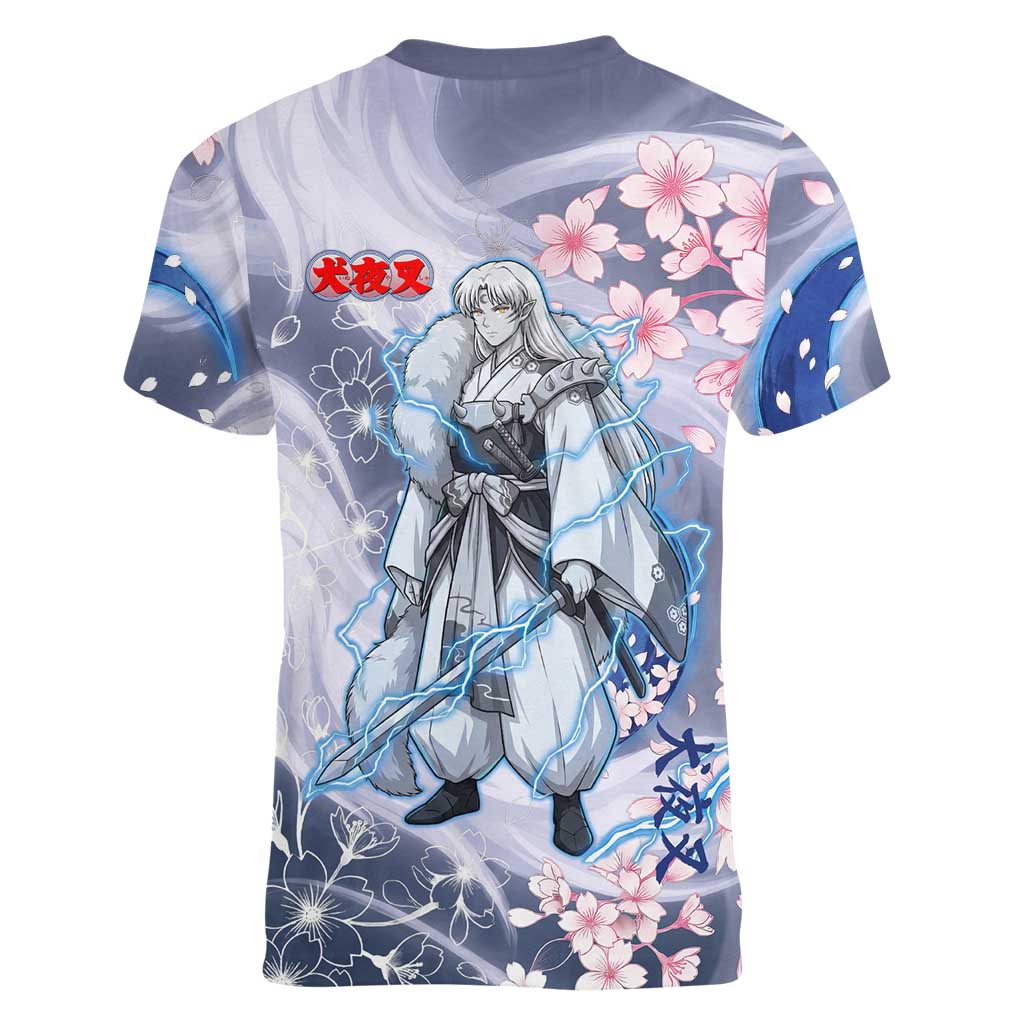 Sesshomaru Inuyasha Series Women V-Neck T-Shirt Elegant Sakura Storm Style with Crescent Moon Motif