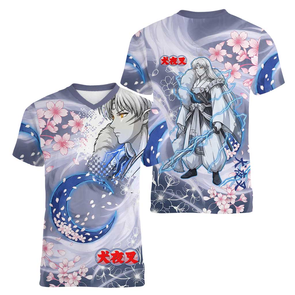 Sesshomaru Inuyasha Series Women V-Neck T-Shirt Elegant Sakura Storm Style with Crescent Moon Motif
