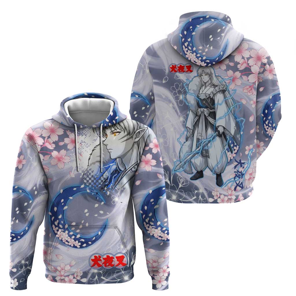 Sesshomaru Inuyasha Series Zip Hoodie Elegant Sakura Storm Style with Crescent Moon Motif