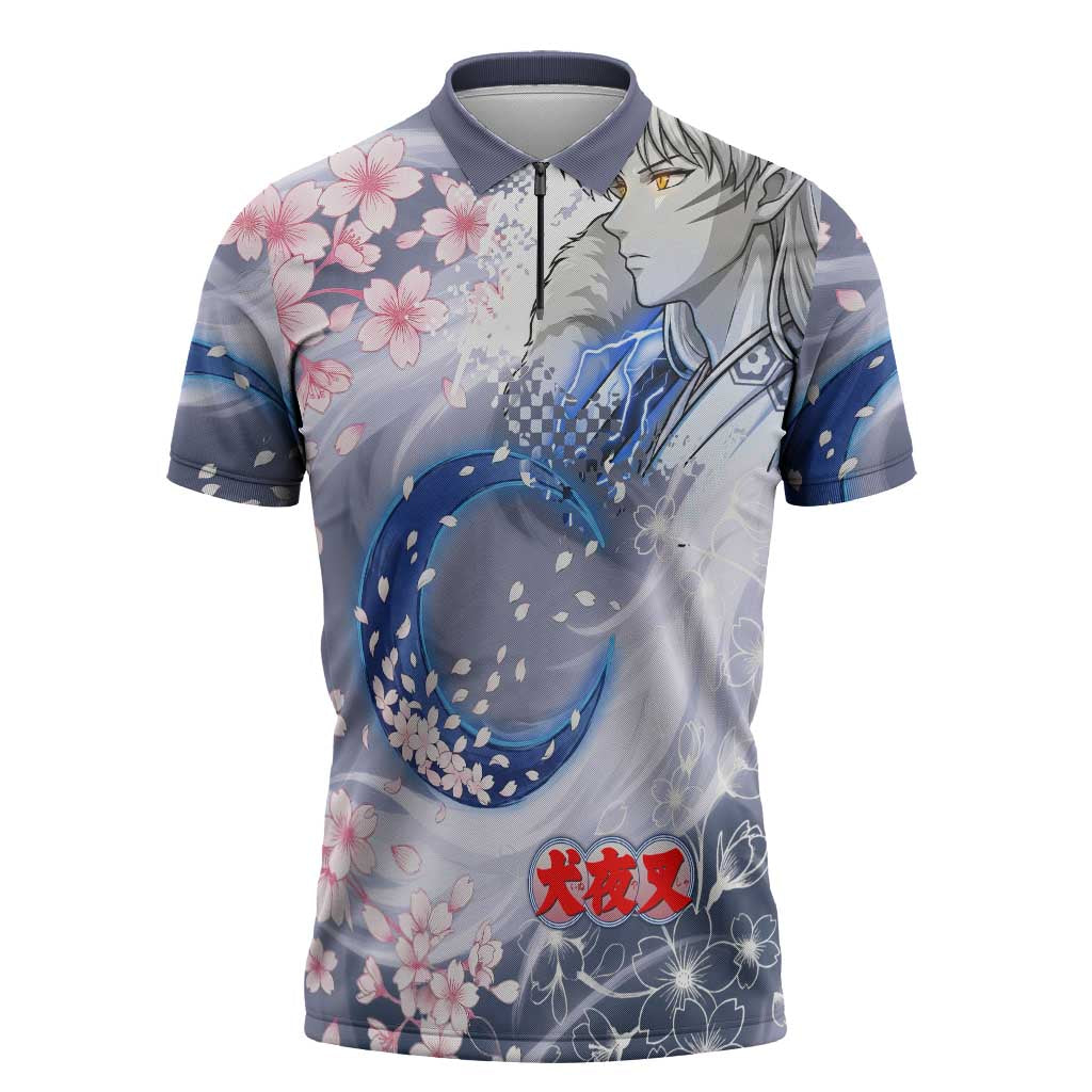 Sesshomaru Inuyasha Series Zipper Polo Shirt Elegant Sakura Storm Style with Crescent Moon Motif