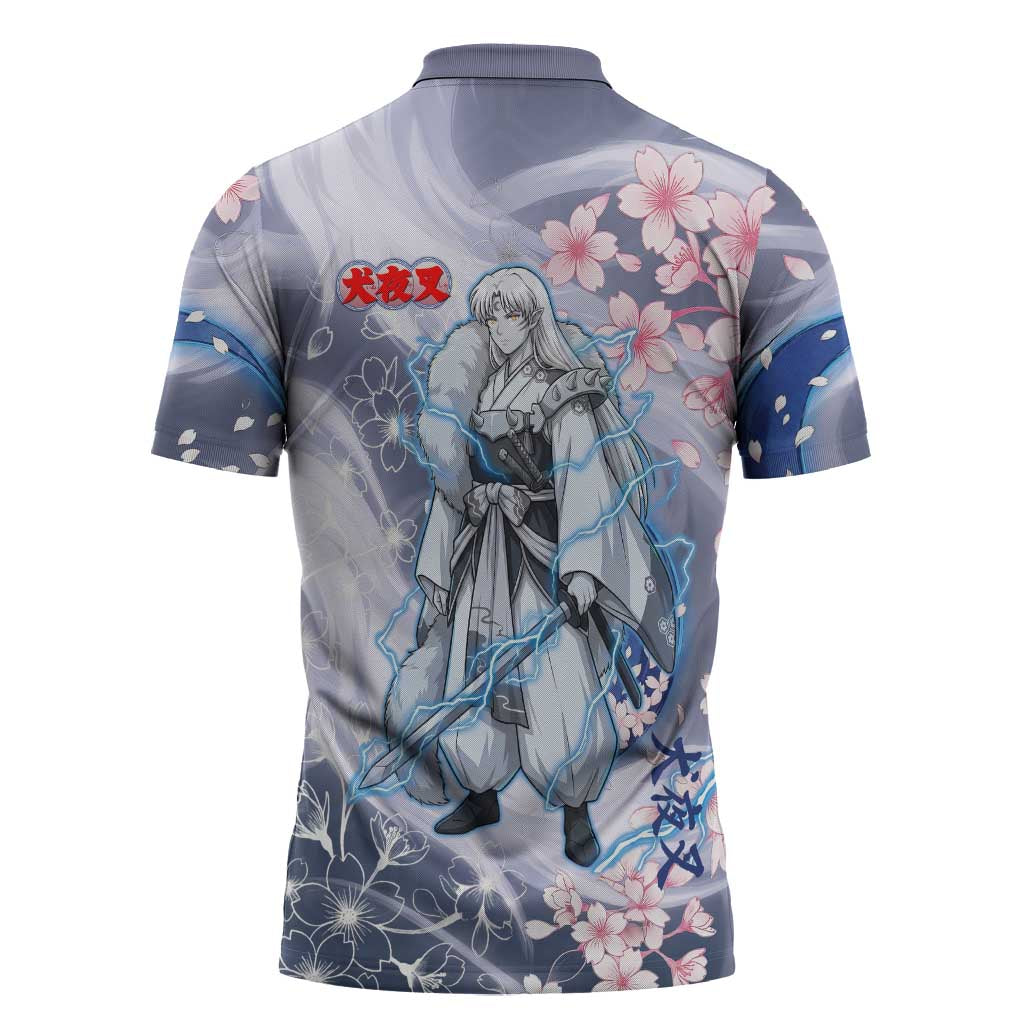 Sesshomaru Inuyasha Series Zipper Polo Shirt Elegant Sakura Storm Style with Crescent Moon Motif