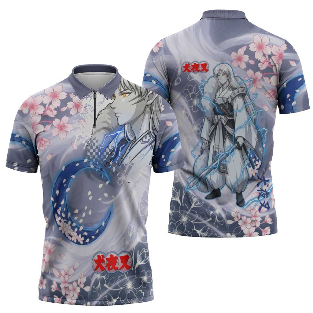Sesshomaru Inuyasha Series Zipper Polo Shirt Elegant Sakura Storm Style with Crescent Moon Motif