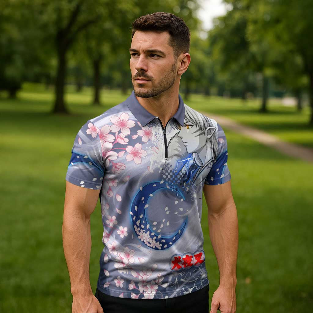 Sesshomaru Inuyasha Series Zipper Polo Shirt Elegant Sakura Storm Style with Crescent Moon Motif
