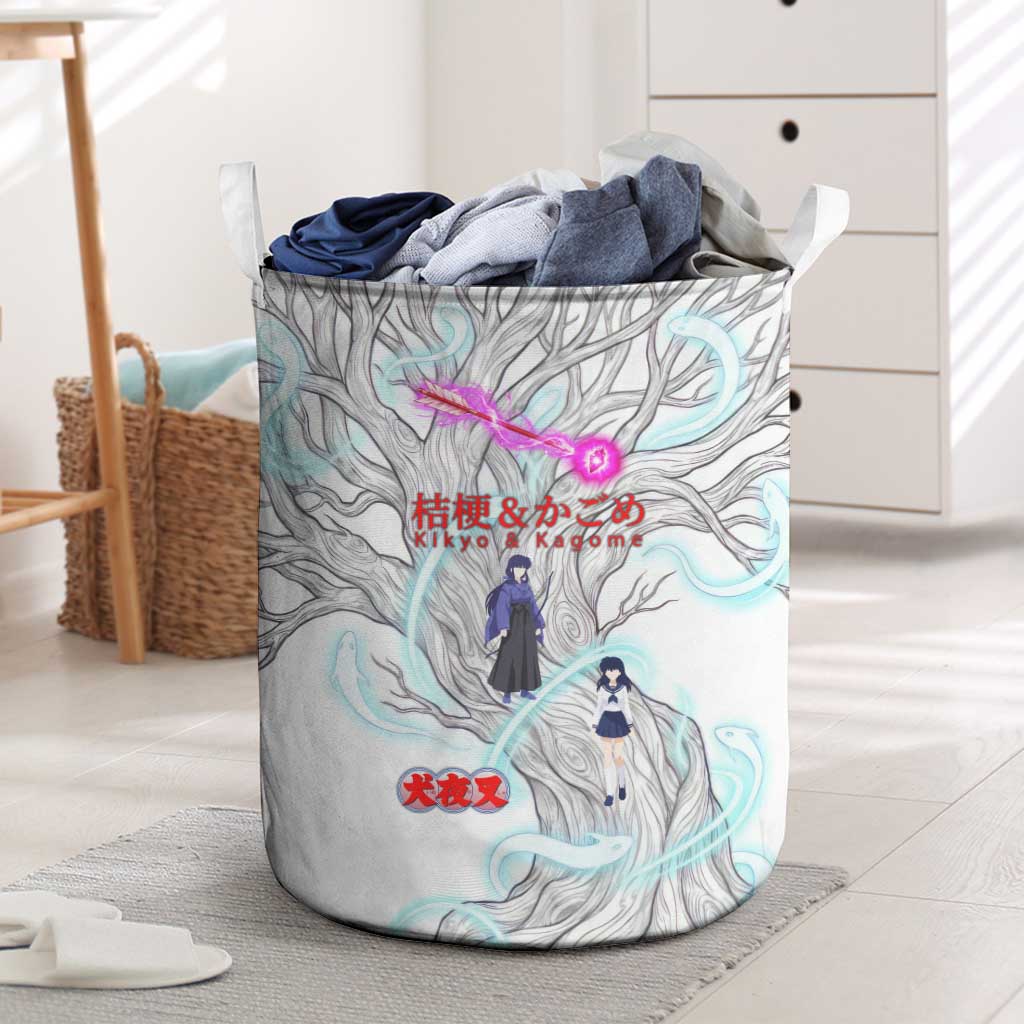 Kikyo and Kagome Inuyasha Series Laundry Basket Spiritual Anime Art Style with Sacred Tree and Torii Gate