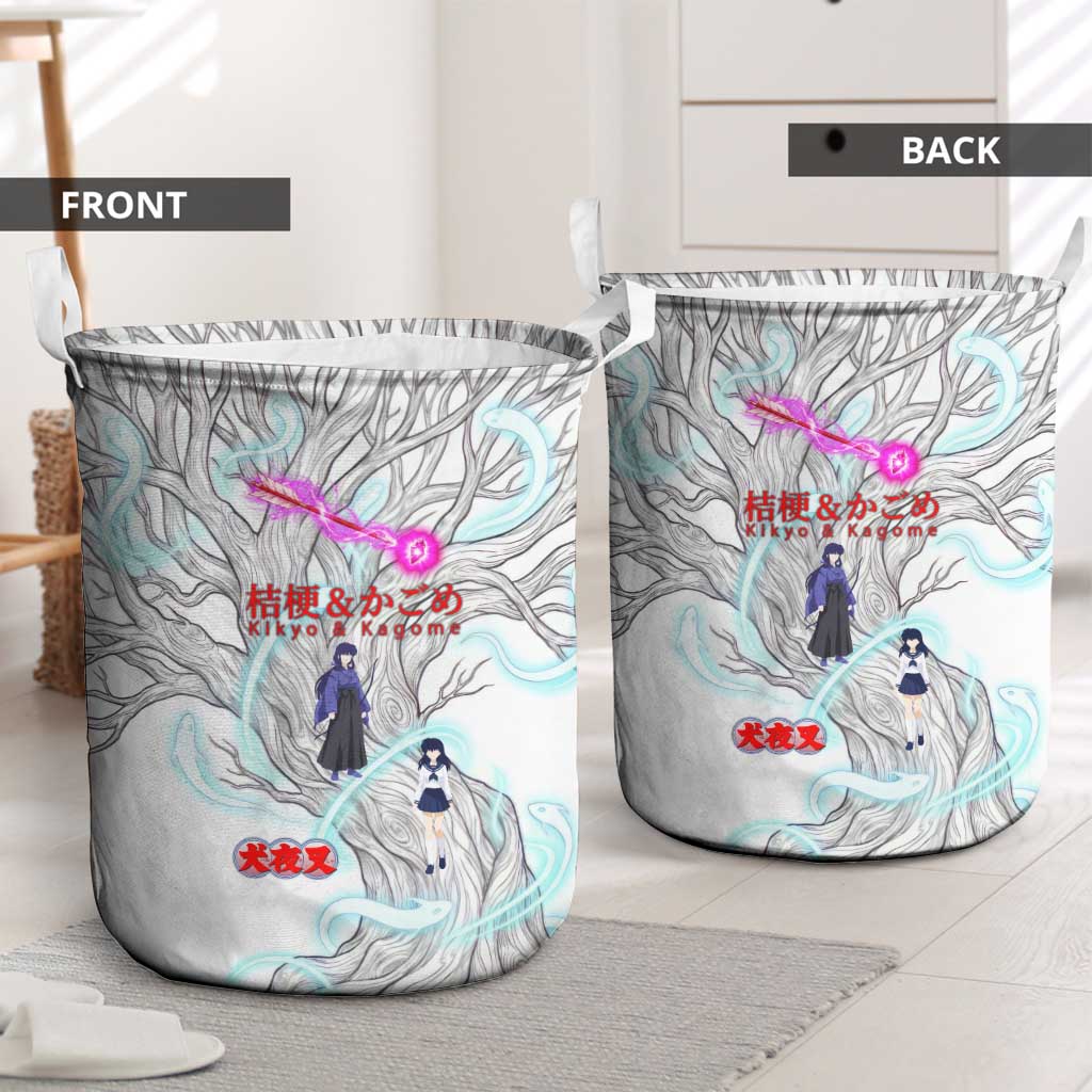 Kikyo and Kagome Inuyasha Series Laundry Basket Spiritual Anime Art Style with Sacred Tree and Torii Gate