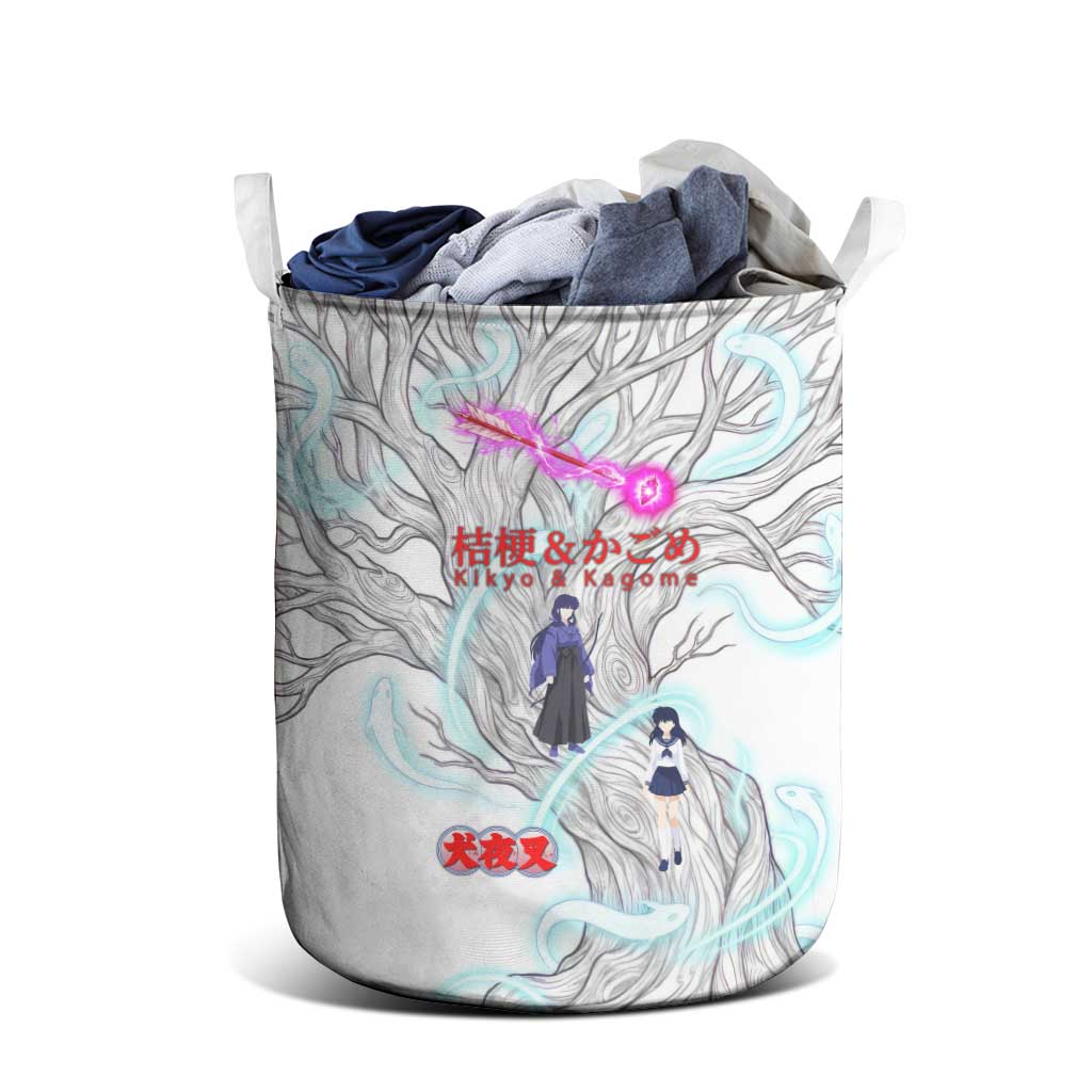 Kikyo and Kagome Inuyasha Series Laundry Basket Spiritual Anime Art Style with Sacred Tree and Torii Gate