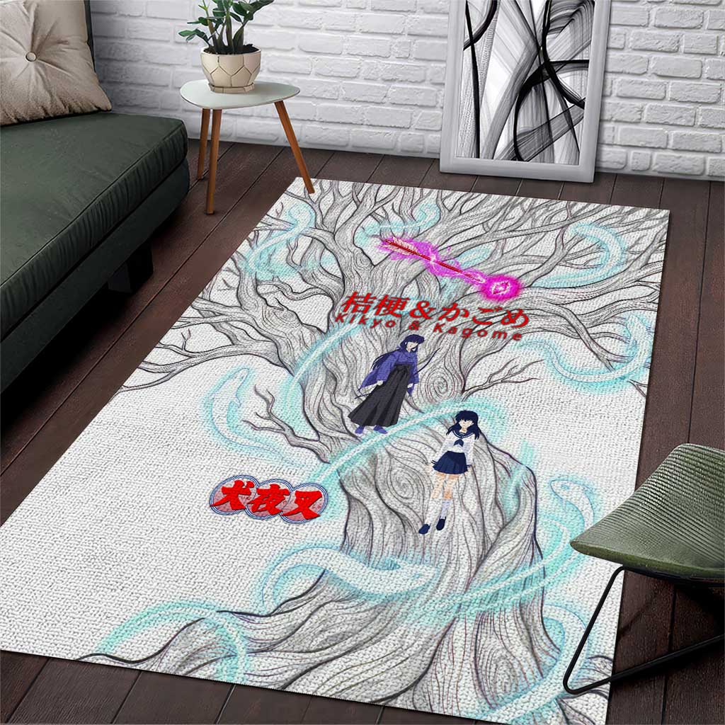 Kikyo and Kagome Inuyasha Series Area Rug Spiritual Anime Art Style with Sacred Tree and Torii Gate