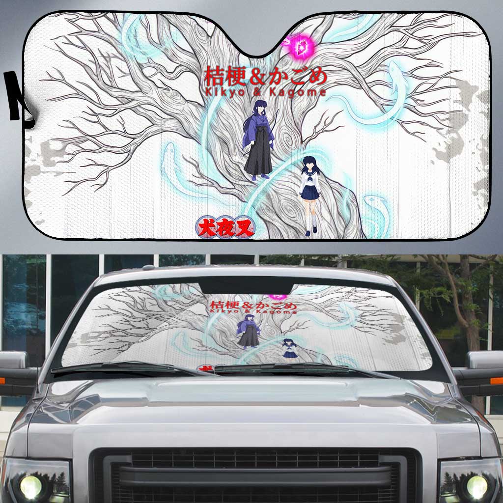 Kikyo and Kagome Inuyasha Series Auto Sun Shade Spiritual Anime Art Style with Sacred Tree and Torii Gate
