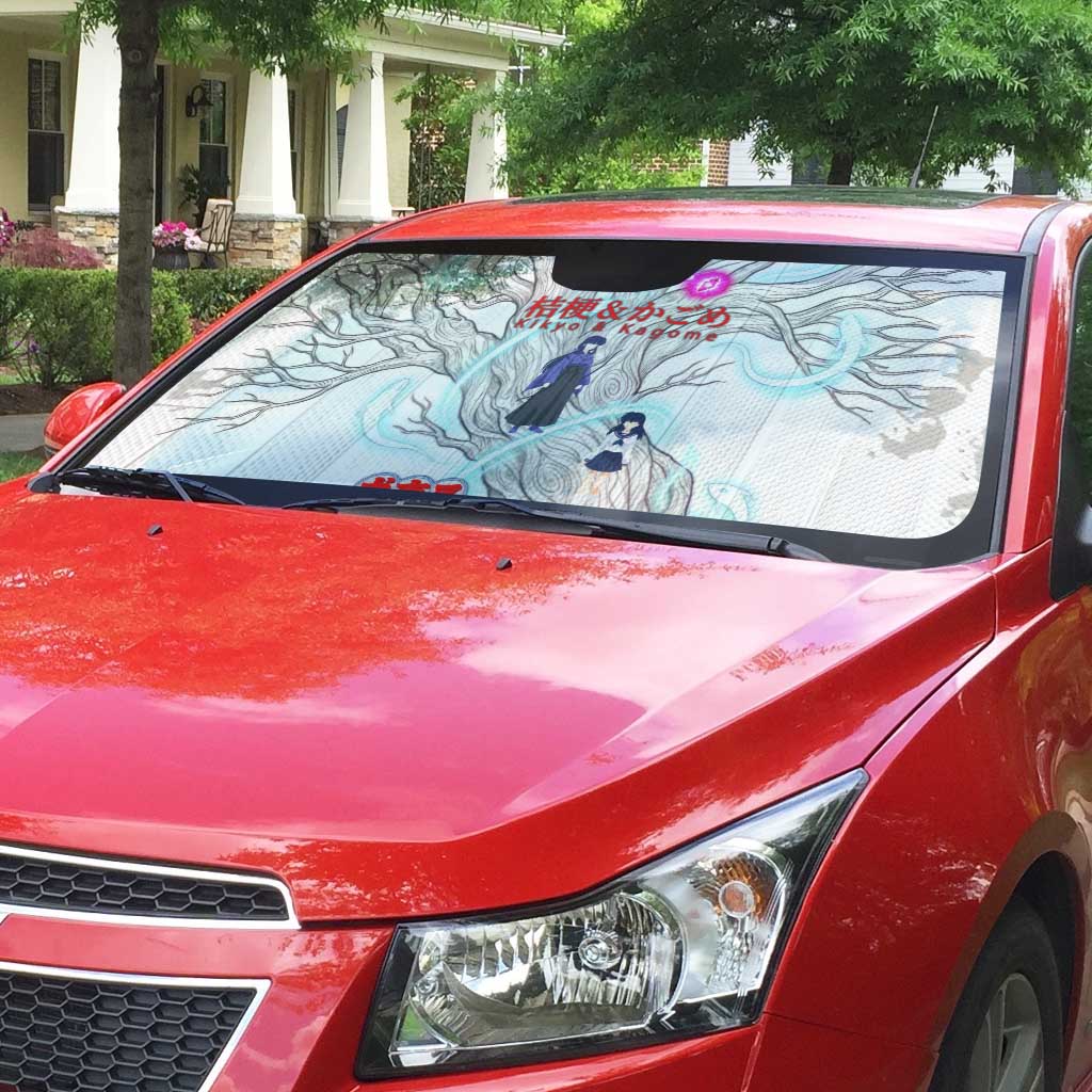Kikyo and Kagome Inuyasha Series Auto Sun Shade Spiritual Anime Art Style with Sacred Tree and Torii Gate