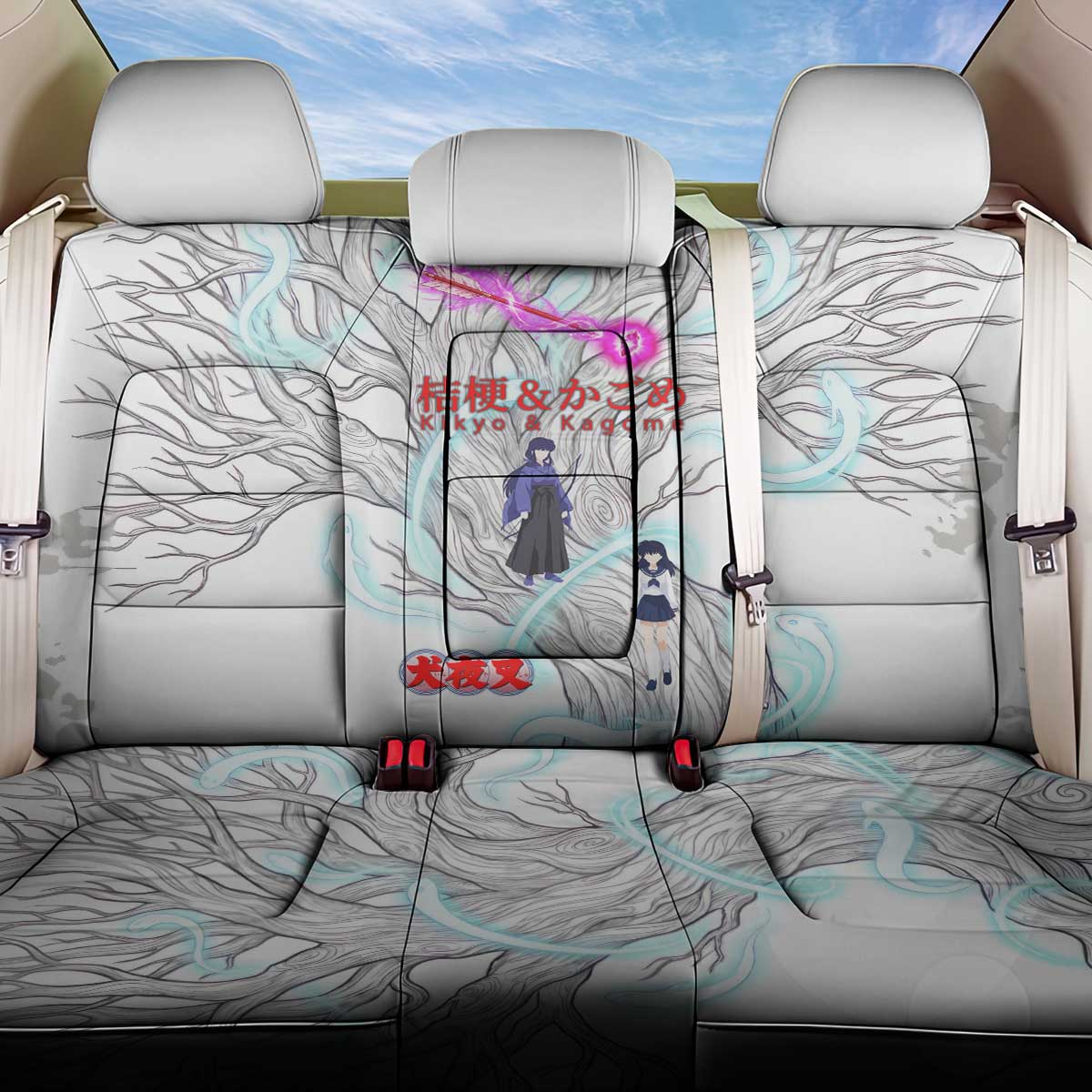Kikyo and Kagome Inuyasha Series Back Car Seat Cover Spiritual Anime Art Style with Sacred Tree and Torii Gate