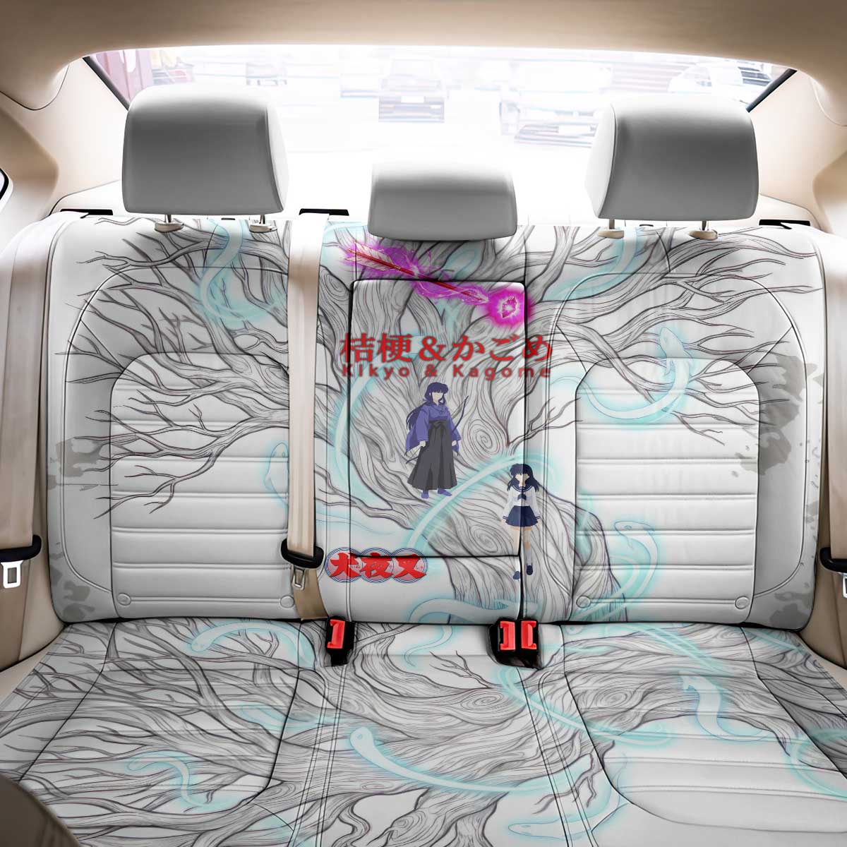 Kikyo and Kagome Inuyasha Series Back Car Seat Cover Spiritual Anime Art Style with Sacred Tree and Torii Gate
