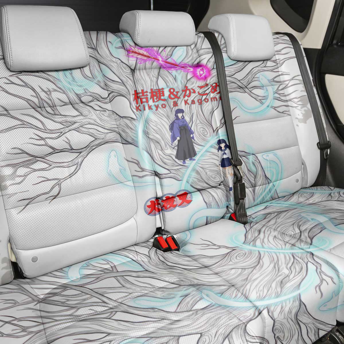 Kikyo and Kagome Inuyasha Series Back Car Seat Cover Spiritual Anime Art Style with Sacred Tree and Torii Gate