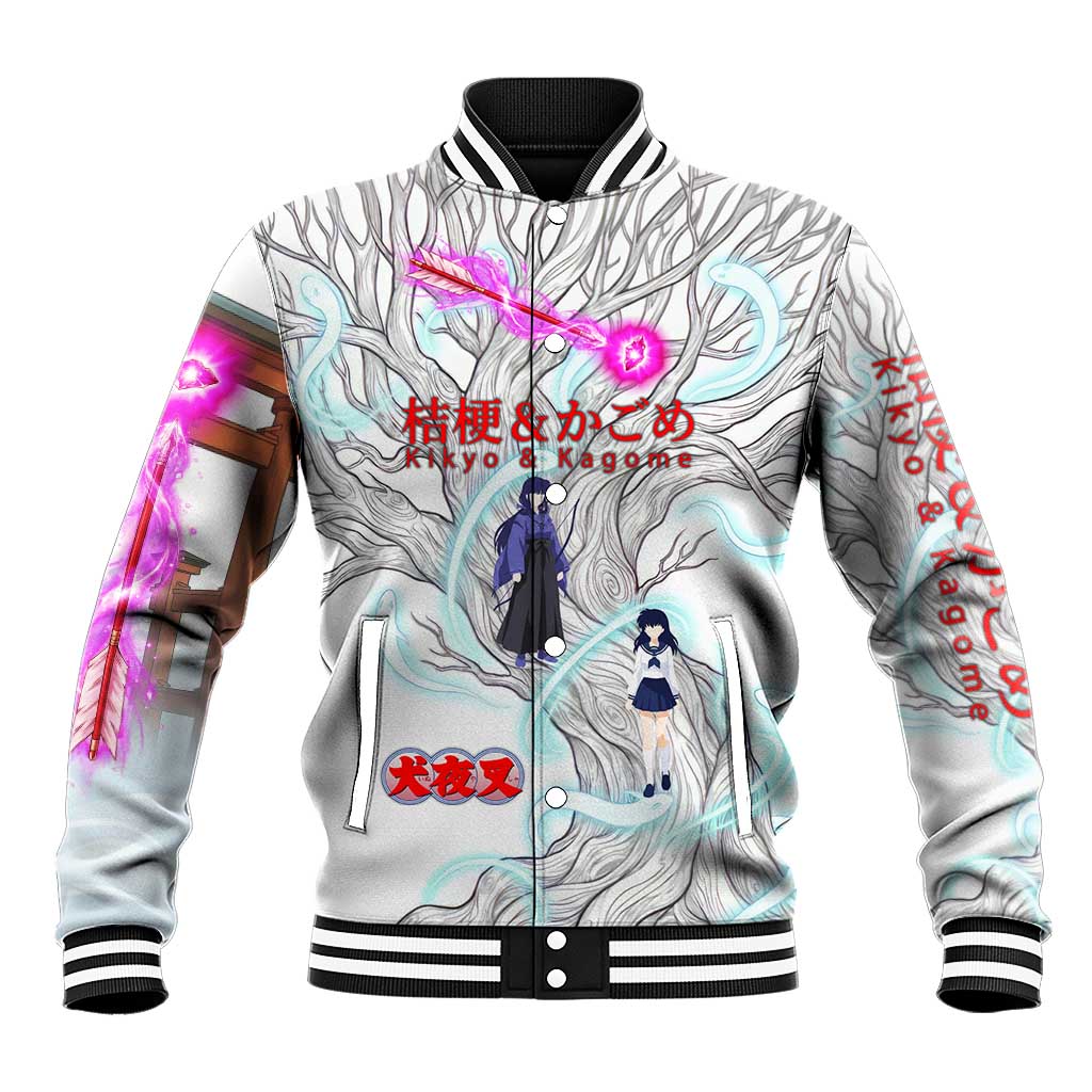 Kikyo and Kagome Inuyasha Series Baseball Jacket Spiritual Anime Art Style with Sacred Tree and Torii Gate