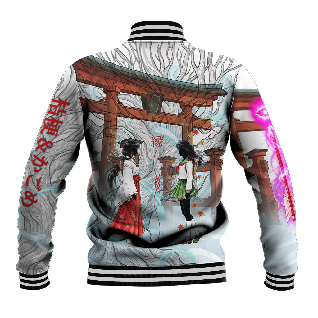 Kikyo and Kagome Inuyasha Series Baseball Jacket Spiritual Anime Art Style with Sacred Tree and Torii Gate