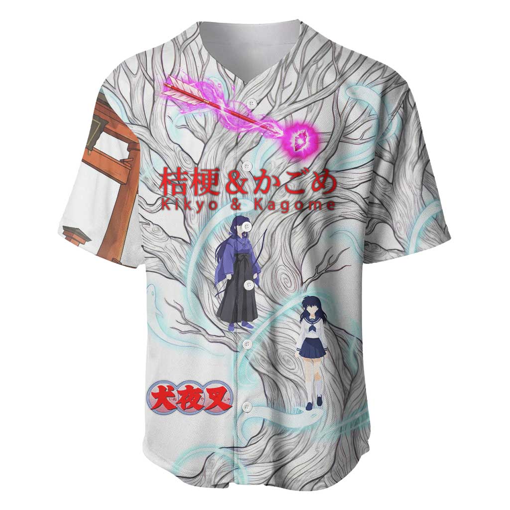 Kikyo and Kagome Inuyasha Series Baseball Jersey Spiritual Anime Art Style with Sacred Tree and Torii Gate