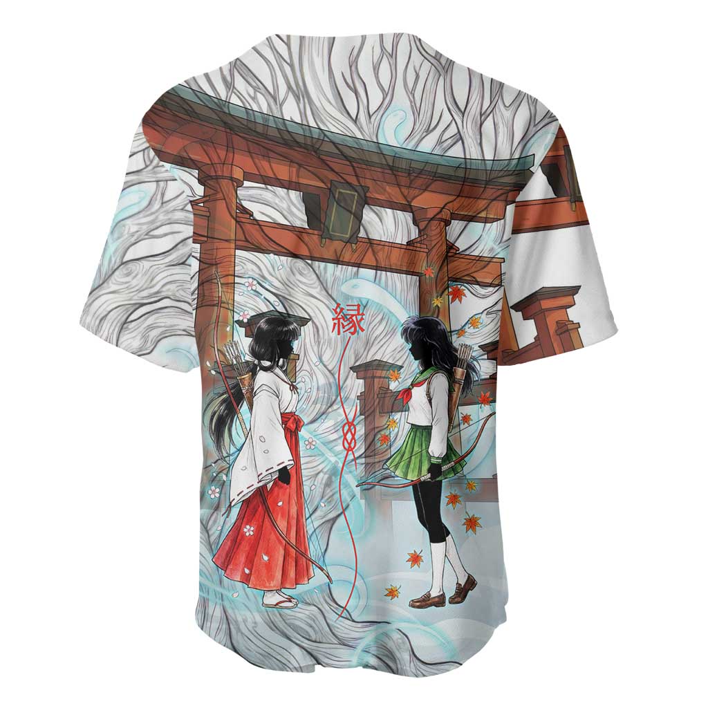 Kikyo and Kagome Inuyasha Series Baseball Jersey Spiritual Anime Art Style with Sacred Tree and Torii Gate