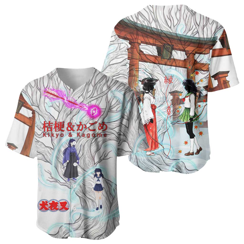 Kikyo and Kagome Inuyasha Series Baseball Jersey Spiritual Anime Art Style with Sacred Tree and Torii Gate