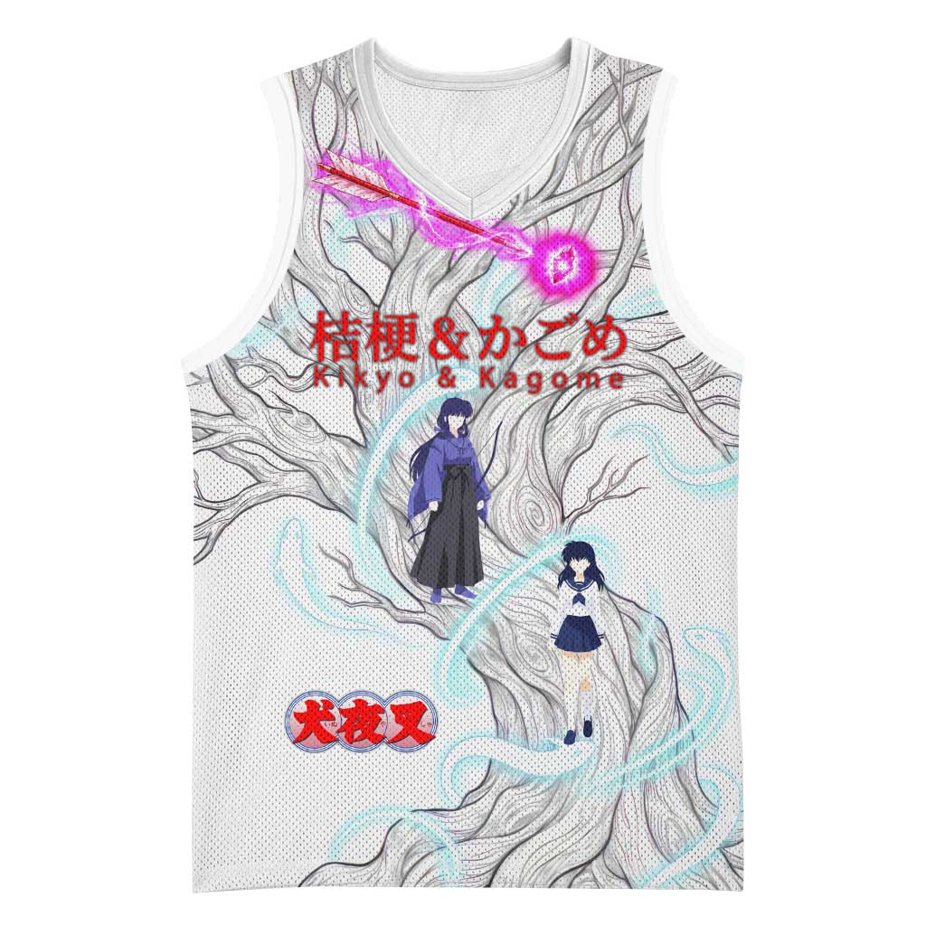 Kikyo and Kagome Inuyasha Series Basketball Jersey Spiritual Anime Art Style with Sacred Tree and Torii Gate