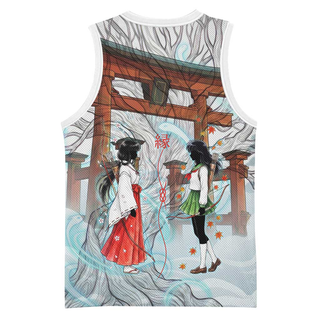 Kikyo and Kagome Inuyasha Series Basketball Jersey Spiritual Anime Art Style with Sacred Tree and Torii Gate