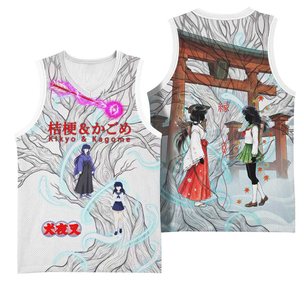 Kikyo and Kagome Inuyasha Series Basketball Jersey Spiritual Anime Art Style with Sacred Tree and Torii Gate