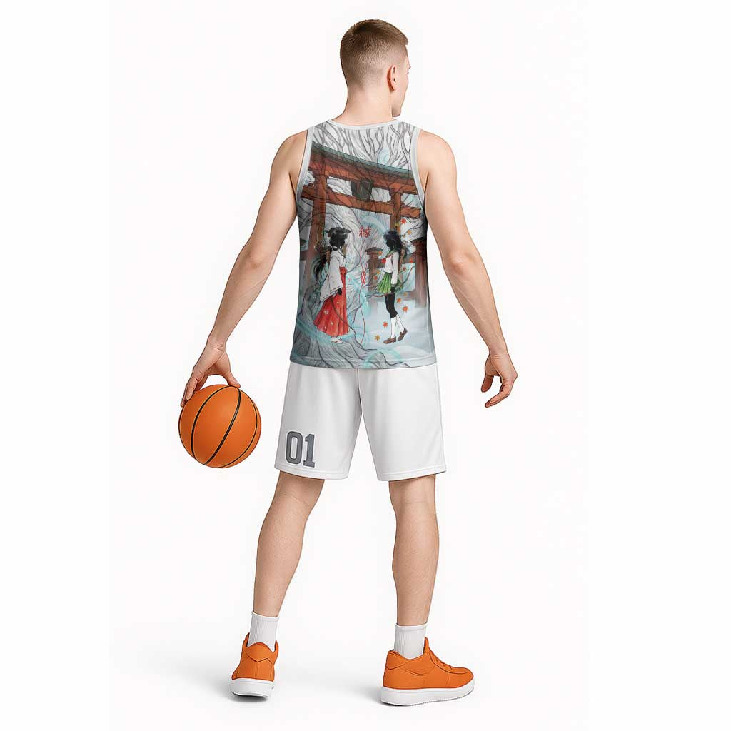 Kikyo and Kagome Inuyasha Series Basketball Jersey Spiritual Anime Art Style with Sacred Tree and Torii Gate
