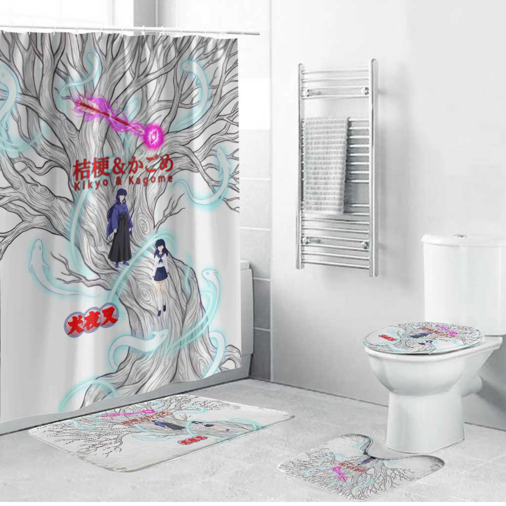 Kikyo and Kagome Inuyasha Series Bathroom Set Spiritual Anime Art Style with Sacred Tree and Torii Gate