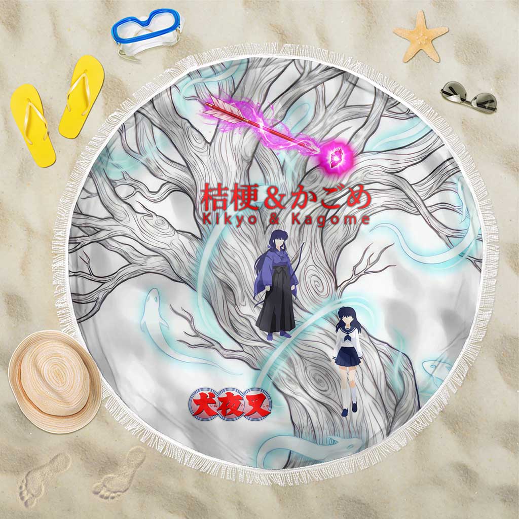 Kikyo and Kagome Inuyasha Series Beach Blanket Spiritual Anime Art Style with Sacred Tree and Torii Gate