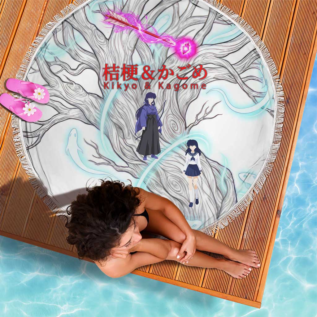 Kikyo and Kagome Inuyasha Series Beach Blanket Spiritual Anime Art Style with Sacred Tree and Torii Gate