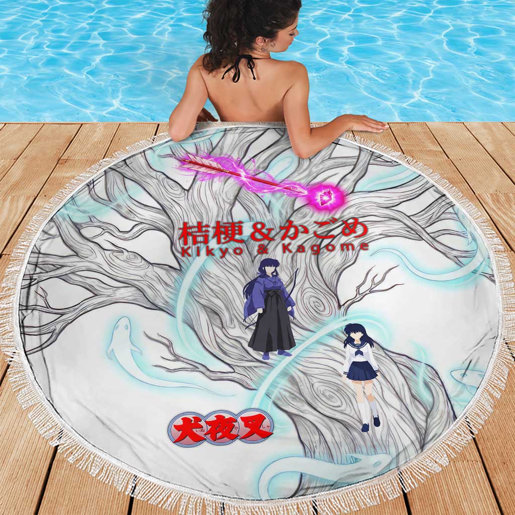 Kikyo and Kagome Inuyasha Series Beach Blanket Spiritual Anime Art Style with Sacred Tree and Torii Gate