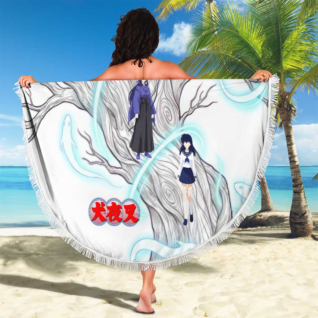 Kikyo and Kagome Inuyasha Series Beach Blanket Spiritual Anime Art Style with Sacred Tree and Torii Gate