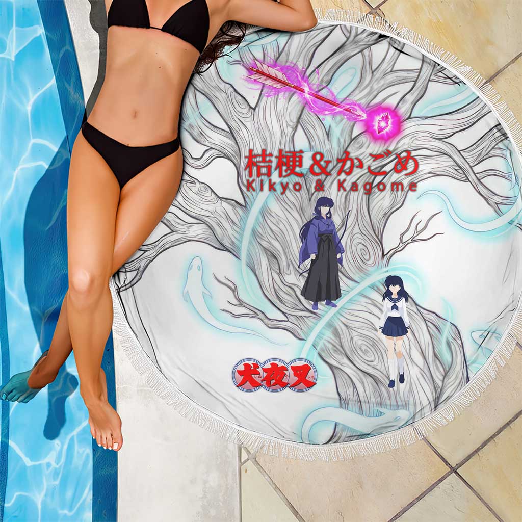 Kikyo and Kagome Inuyasha Series Beach Blanket Spiritual Anime Art Style with Sacred Tree and Torii Gate