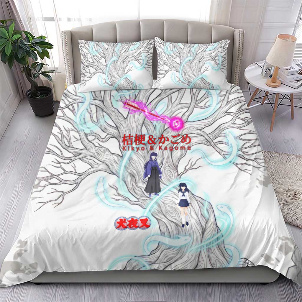 Kikyo and Kagome Inuyasha Series Bedding Set Spiritual Anime Art Style with Sacred Tree and Torii Gate