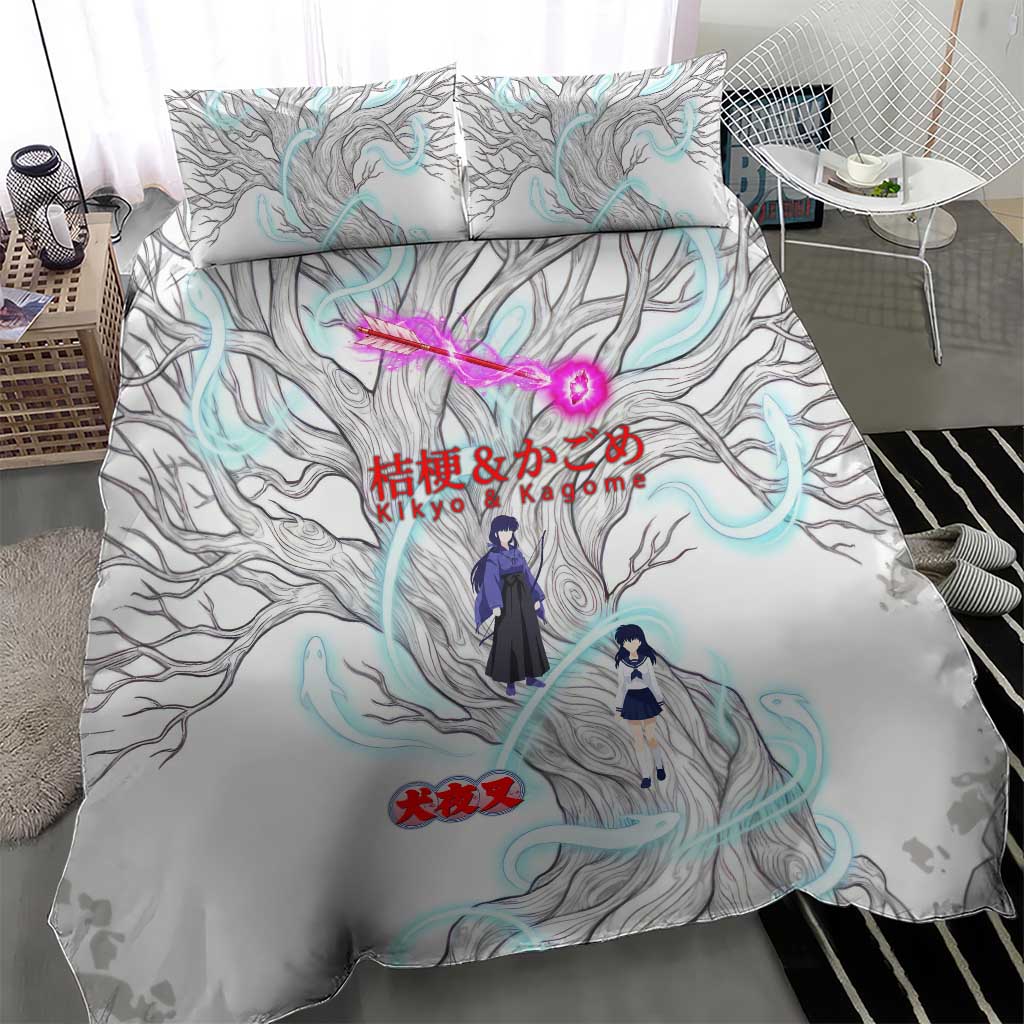 Kikyo and Kagome Inuyasha Series Bedding Set Spiritual Anime Art Style with Sacred Tree and Torii Gate