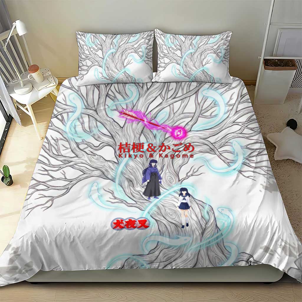 Kikyo and Kagome Inuyasha Series Bedding Set Spiritual Anime Art Style with Sacred Tree and Torii Gate