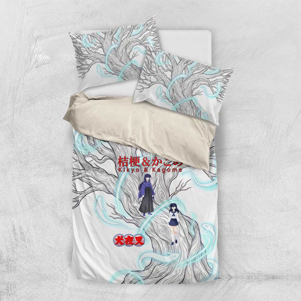 Kikyo and Kagome Inuyasha Series Bedding Set Spiritual Anime Art Style with Sacred Tree and Torii Gate