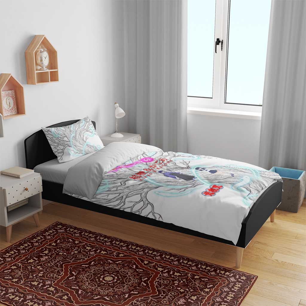 Kikyo and Kagome Inuyasha Series Bedding Set Spiritual Anime Art Style with Sacred Tree and Torii Gate