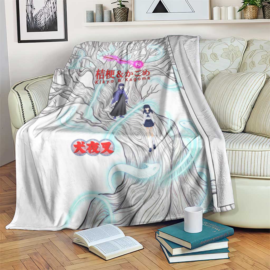Kikyo and Kagome Inuyasha Series Blanket Spiritual Anime Art Style with Sacred Tree and Torii Gate