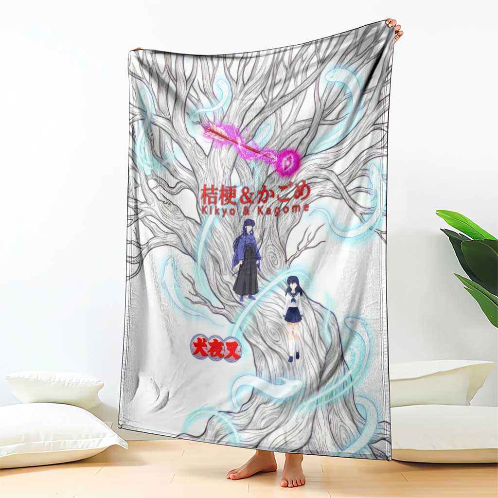 Kikyo and Kagome Inuyasha Series Blanket Spiritual Anime Art Style with Sacred Tree and Torii Gate