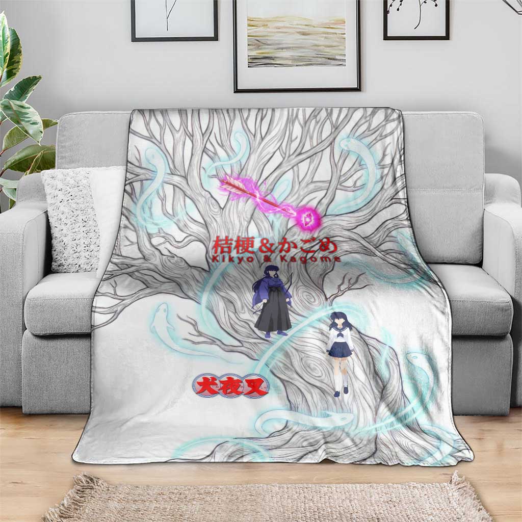 Kikyo and Kagome Inuyasha Series Blanket Spiritual Anime Art Style with Sacred Tree and Torii Gate