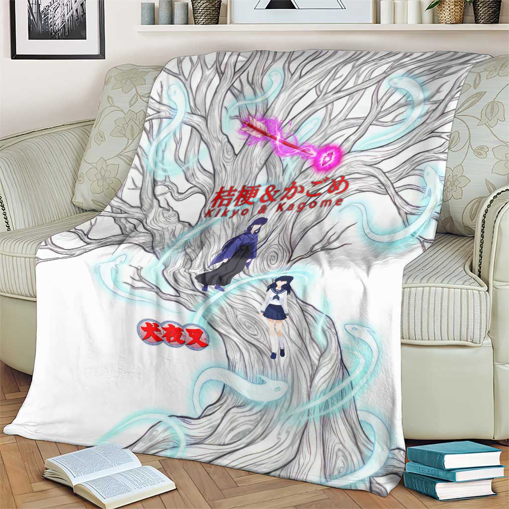 Kikyo and Kagome Inuyasha Series Blanket Spiritual Anime Art Style with Sacred Tree and Torii Gate
